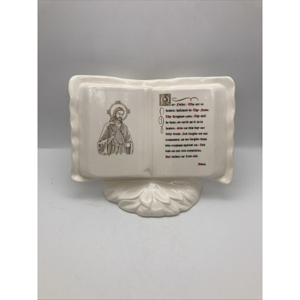 Vintage Ceramic Religious Open Bible Figurine/Vase Gold Jesus The Lord's Prayer